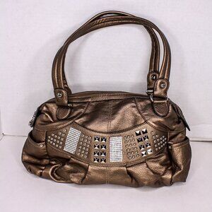 Kathy Van Zeeland Purse Top Handle Bag Vinyl Studded Rhinestones Brown